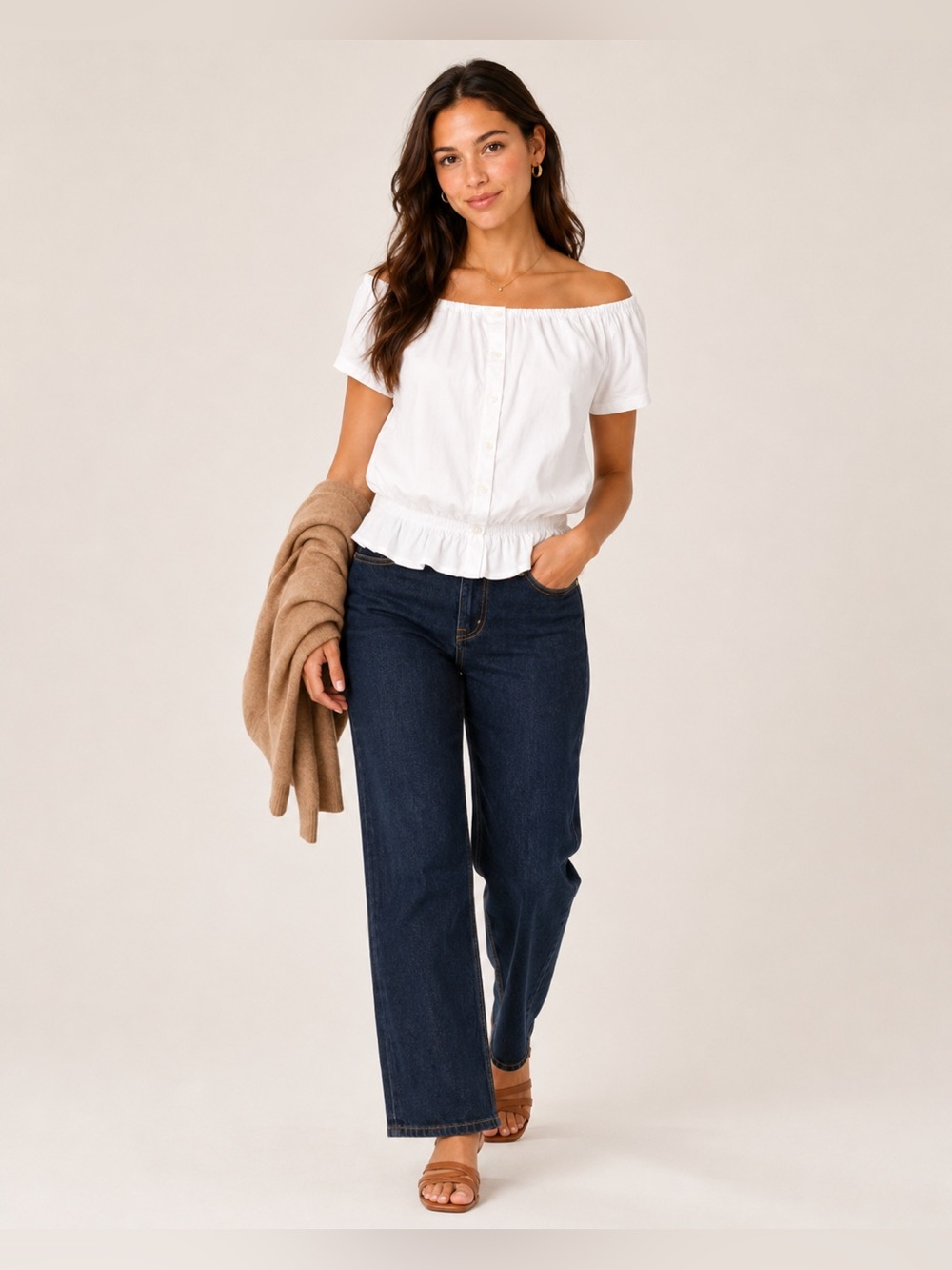 🤍 Ann Taylor White Off-Shoulder Button Front Peplum Top | Size S